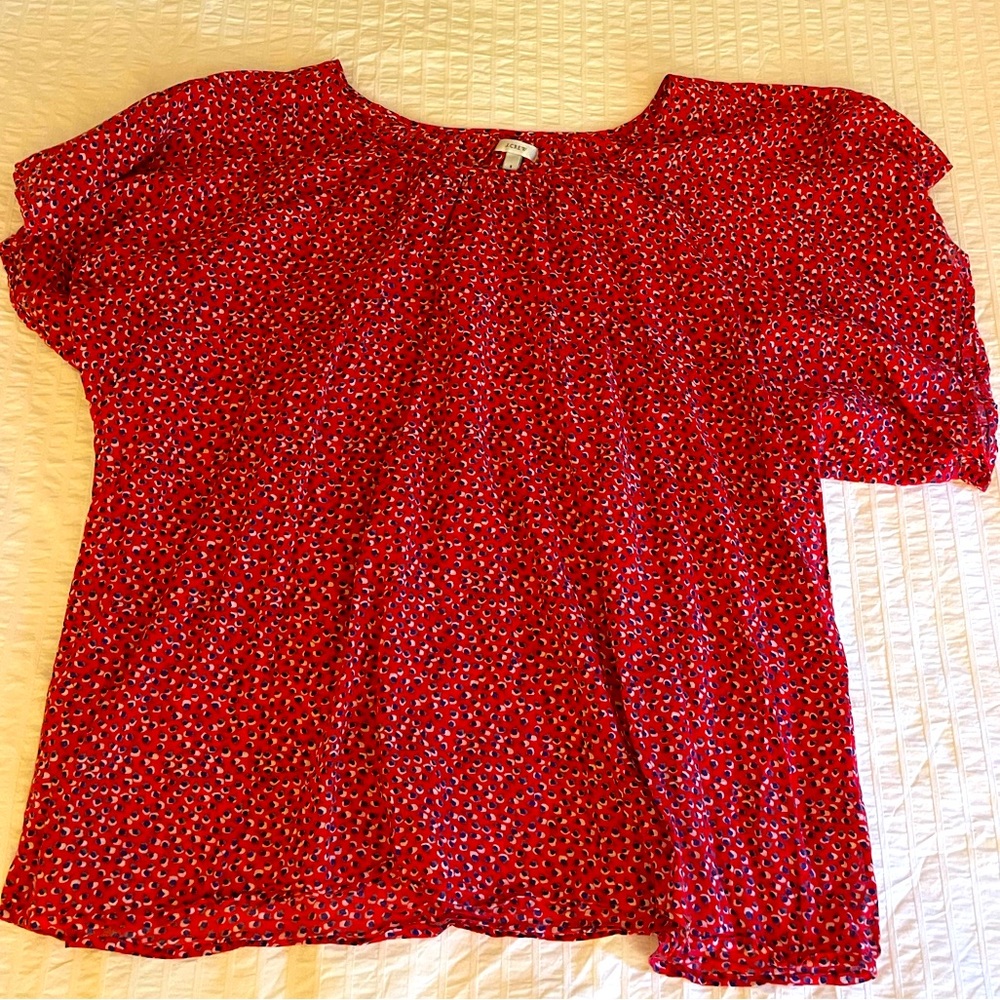 JCrew Bright Red Cotton Blouse/Beach Cover Up. Size Small With Pattern.